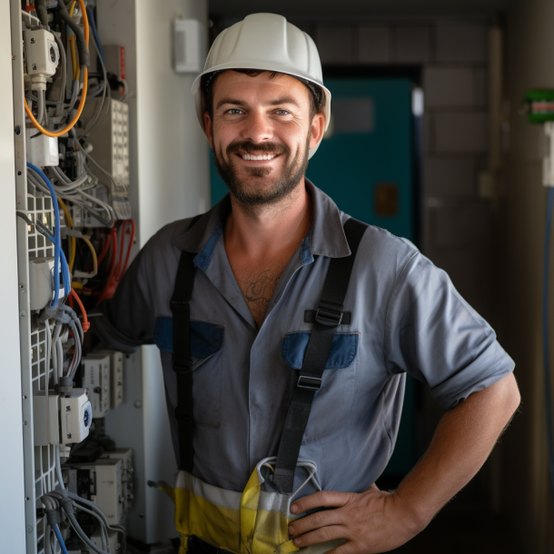 happy electrician smiling after using sendatradie software